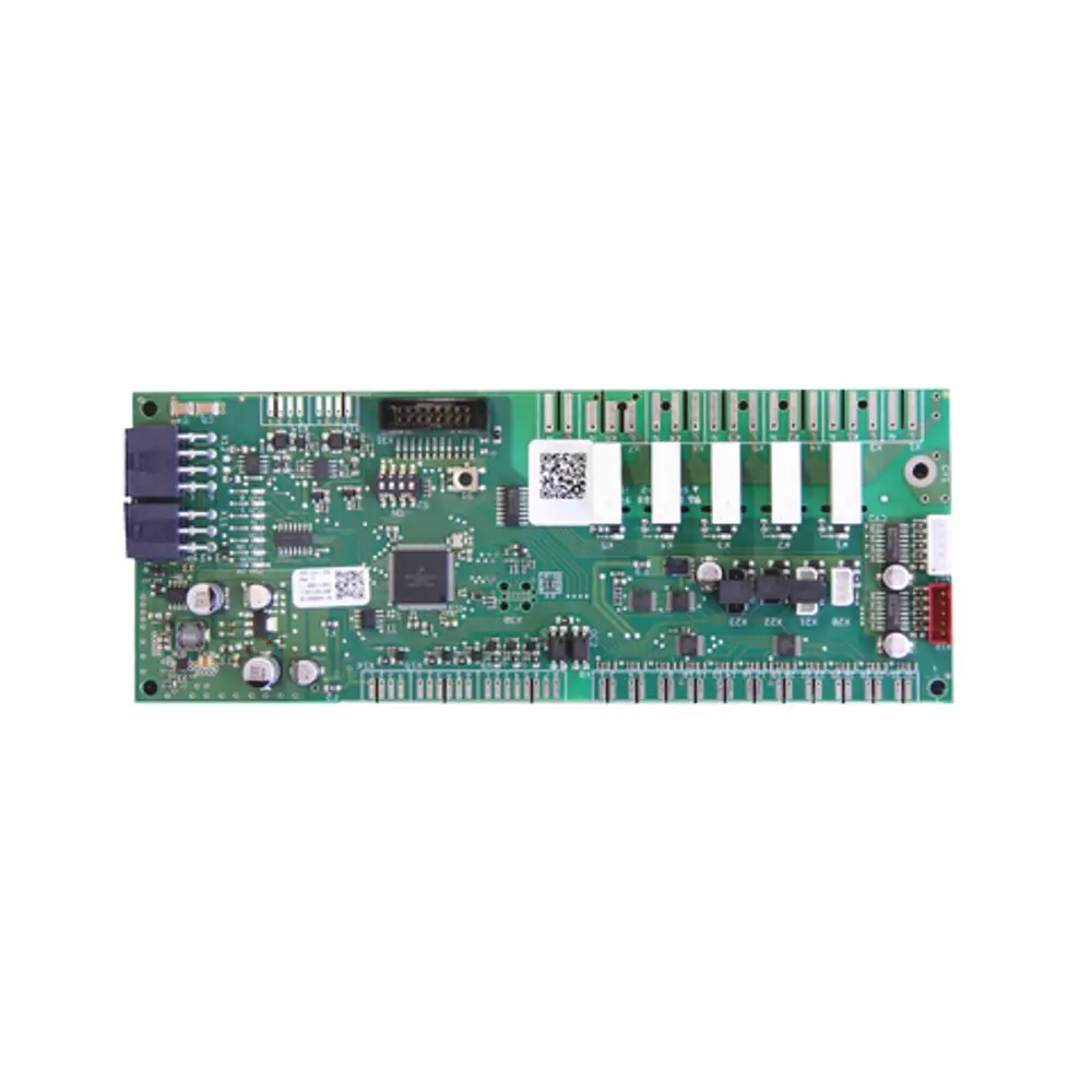 Platine mit verschiedenen elektrischen und elektronischen Komponenten, hergestellt von Roth, zur Steuerung in Heizsystemen, deutlich mit Anschlüssen und Bauteilen.